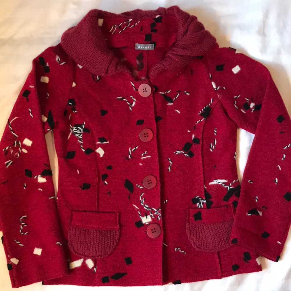 Italian brick red boiled wool jacket/cardigan  with knit collar EUC